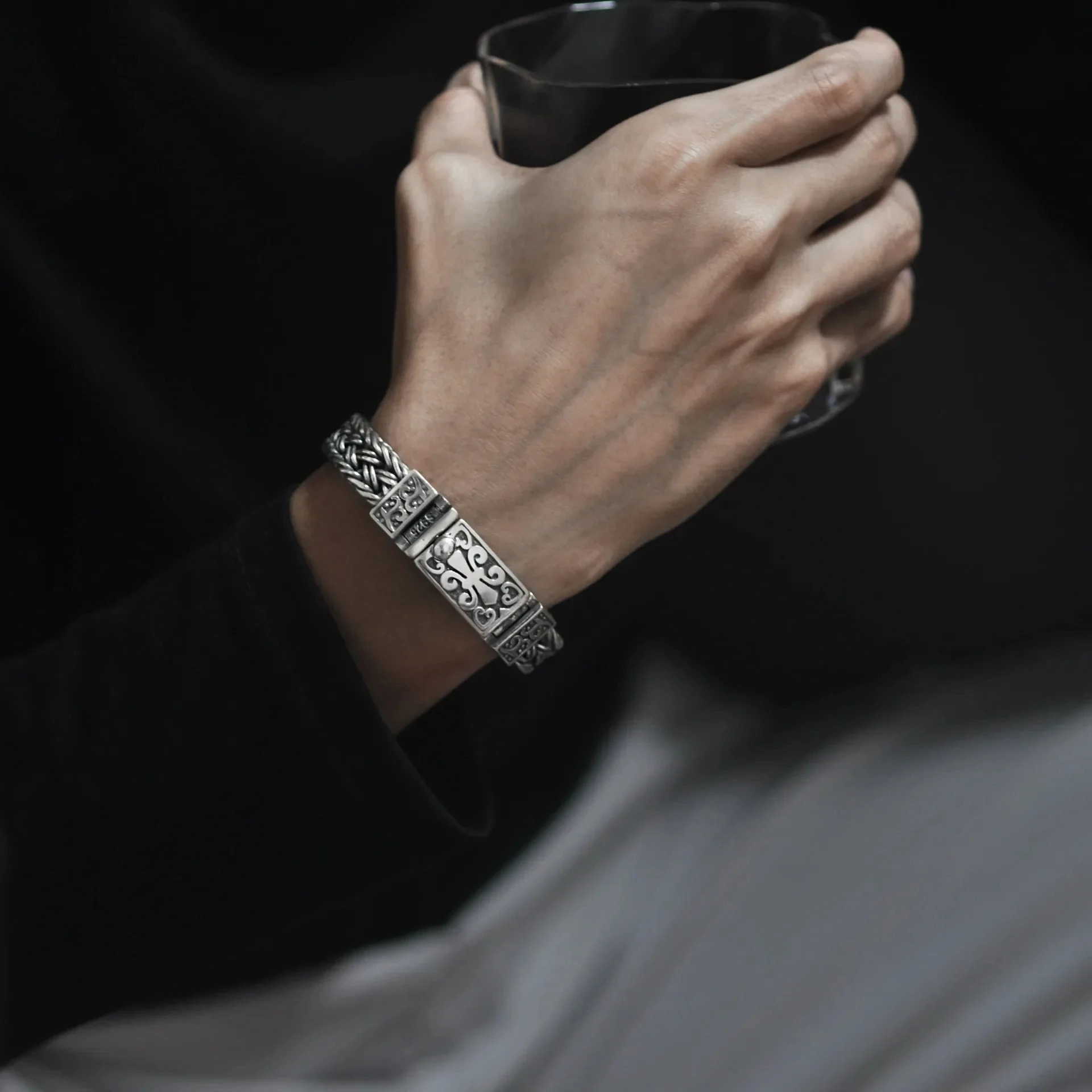 Bracelet argent 925 tressé onyx carrés 21cm