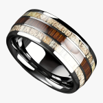 Bague homme argentée en acier inoxydable avec incrustation bois naturel design épuré