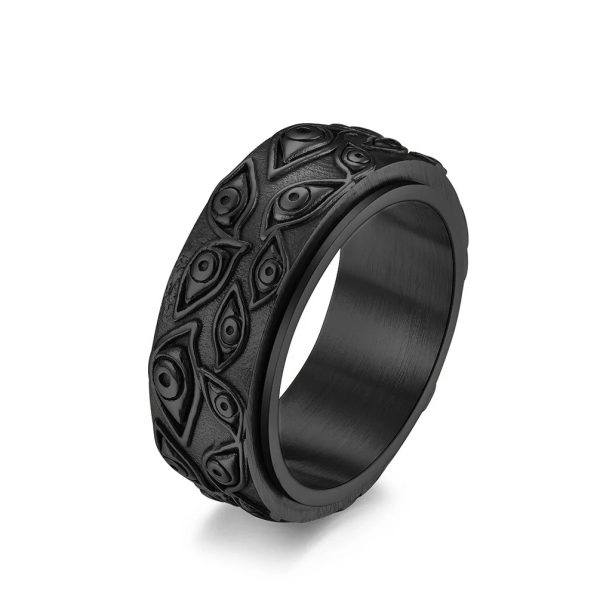 Bague homme en acier inoxydable noir vintage avec anneau rotatif sculpté