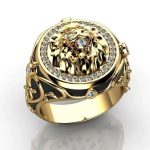 Bague tête de lion dorée à l'or fin pour homme style bling bling