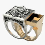 Bague tête de lion sculptée en relief acier gris anthracite style goth