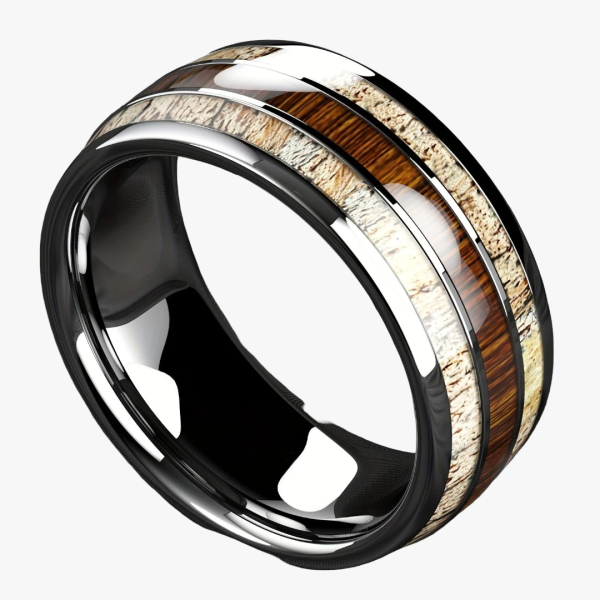 Vue de profil de la bague homme bois et acier inoxydable finition confort intérieur