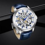 Montre-Automatique-Squelette-bleu-ronde