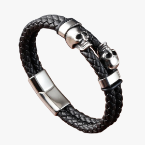 Bracelet Biker en corde Tressé argent-Crâne avec fermoir