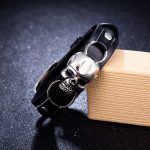 Bracelet Homme en Cuir Noir Style Biker - Crâne Squelette Punk