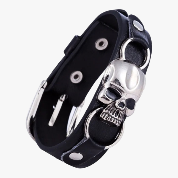 Bracelet Homme en Cuir Noir Style Biker - Crâne Squelette Punk noir