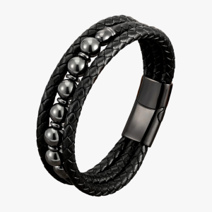Bracelet homme cuir tressé et hématite fond blanc