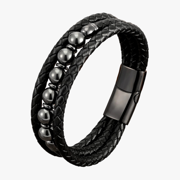 Bracelet homme cuir tressé et hématite fond blanc