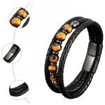 Bracelet homme cuir tressé et œil de tigre naturel– fermoir magnétique