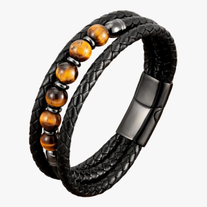 Bracelet homme cuir tressé et œil de tigre – fermoir magnétique