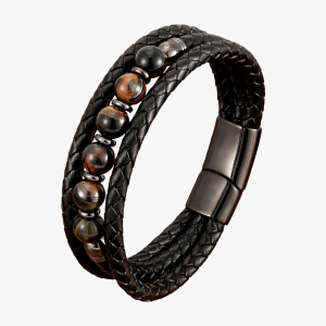 Bracelet homme cuir tressé noir et œil de tigre foncé fond blanc