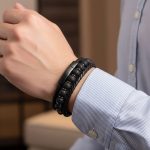 Poignet d'un homme portant un bracelet en cuir tressé noir avec perles de pierre de lave et fermoir magnétique
