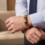 Poignet d'un homme portant un bracelet en cuir plat noir avec plaque en œil de tigre et fermoir magnétique doré