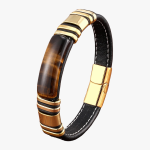 bracelet homme cuir plat oeil de tigre dore naturel fond blanc