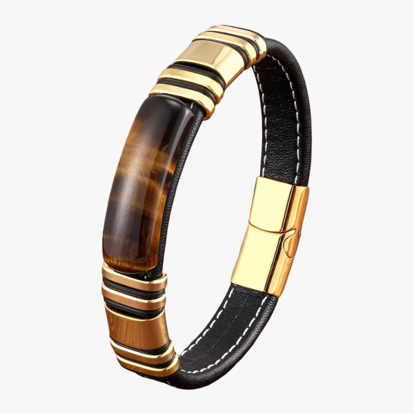 bracelet homme cuir plat oeil de tigre dore naturel fond blanc