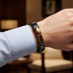 Poignet d'un homme portant un bracelet en cuir plat noir avec plaque centrale en œil de tigre et fermoir magnétique