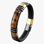 Bracelet homme cuir noir et œil de tigre noir et or fond blanc