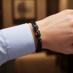 Poignet d'un homme portant un bracelet en cuir tressé noir avec perle d'obsidienne gravée mantra tibétain et fermoir magnétique