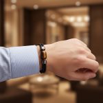 Poignet d'un homme portant un bracelet en cuir tressé noir avec perle centrale en œil de tigre et fermoir magnétique
