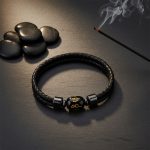 Bracelet homme en cuir tressé noir et obsidienne gravée mantra présenté sur ardoise avec éléments zen