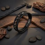 Bracelet homme en cuir tressé noir et œil de tigre foncé présenté sur ardoise et bois avec éléments naturels
