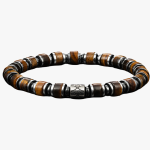 Bracelet homme en rondelles d'œil de tigre et hématite fond blanc