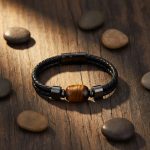 Bracelet homme en cuir tressé noir et perle d'œil de tigre présenté sur bois avec éléments naturels