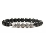 Bracelet homme élastique en perles noires mates et perles de jaspe paysage gris avec séparateurs hématite
