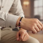 Poignet d'un homme portant un bracelet élastique en perles noires avec perles tricolores bleu blanc rouge