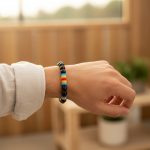 Poignet portant un bracelet élastique en perles noires avec perles arc-en-ciel multicolores Pride