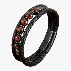 bracelet homme cuir tressé et œil de tigre rouge – fermoir magnétique en fond blanc