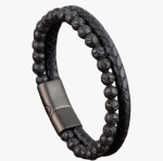 Bracelet Homme Pierre de Lave et Cuir avec fond blanc