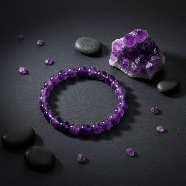 Bracelet en perles d'améthyste violette présenté sur ardoise avec druse d'améthyste brute