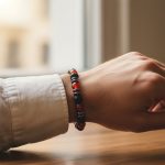 Poignet d'un homme portant un bracelet élastique en agate rouge, onyx noir, pierre de lave et hématite