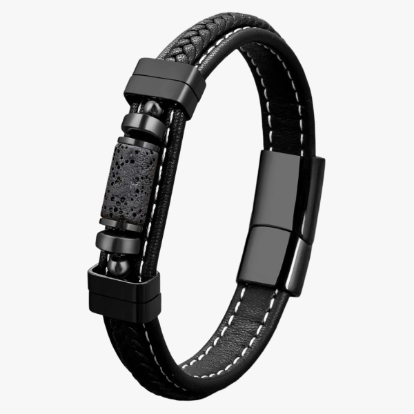 Bracelet homme en cuir noir et tube en pierre de lave fond blanc