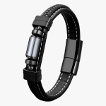Bracelet homme cuir noir et tube acier fond blanc