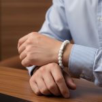 Gros plan d'un bracelet homme en perles de jade blanc pur avec barre en acier brossé sur fond pierre claire