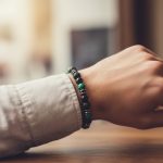 Poignet d'un homme portant un bracelet élastique en malachite verte, onyx noir, pierre de lave et hématite