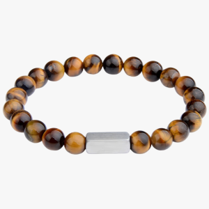 Bracelet homme en œil de tigre doré et barre en acier en fond blanc