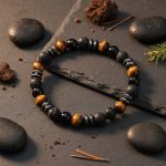 Bracelet homme en œil de tigre, onyx, pierre de lave et hématite présenté sur ardoise