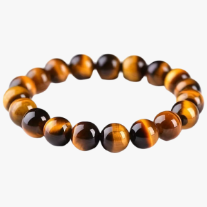 Bracelet en grosses perles d'œil de tigre doré de 10 mm fond blanc