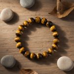 Bracelet en grosses perles d'œil de tigre doré de 10 mm présenté sur bois avec éléments naturels