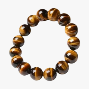 Bracelet en grosses perles d'œil de tigre doré de 12 mm présenté en fond blanc