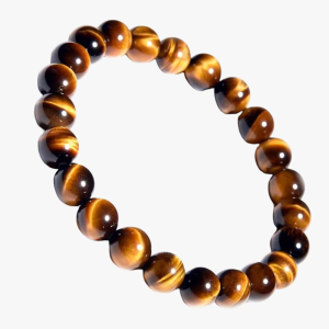 Bracelet en perles d'œil de tigre doré de 8 mm présenté en fond blanc
