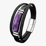 Bracelet homme cuir blanc et améthyste – fermoir magnétique