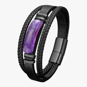Bracelet homme cuir noir et améthyste – fermoir magnétique