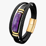 Bracelet homme cuir or et améthyste – fermoir magnétique