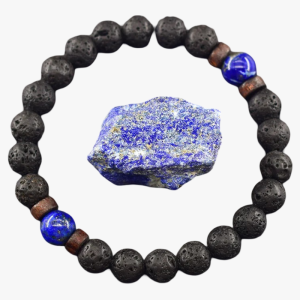 Bracelet homme en pierre de lave, lapis-lazuli bleu et perles de bois avec pierre brute de lapis-lazuli