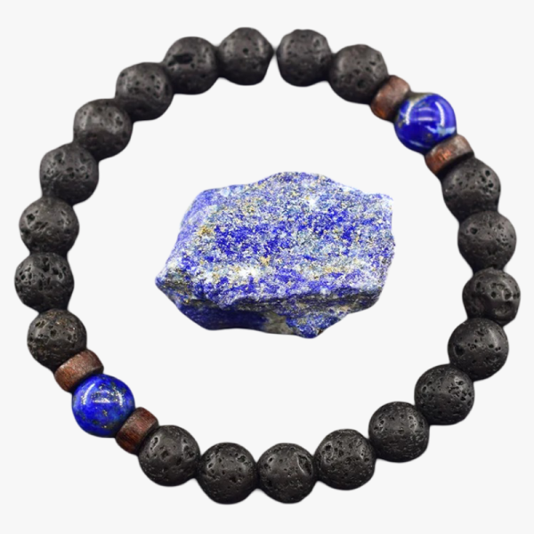 Bracelet homme en pierre de lave, lapis-lazuli bleu et perles de bois avec pierre brute de lapis-lazuli