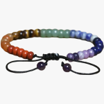Bracelet 7 chakras en pierres naturelles multicolores sur cordon ajustable avec perles d'améthyste arriere plan